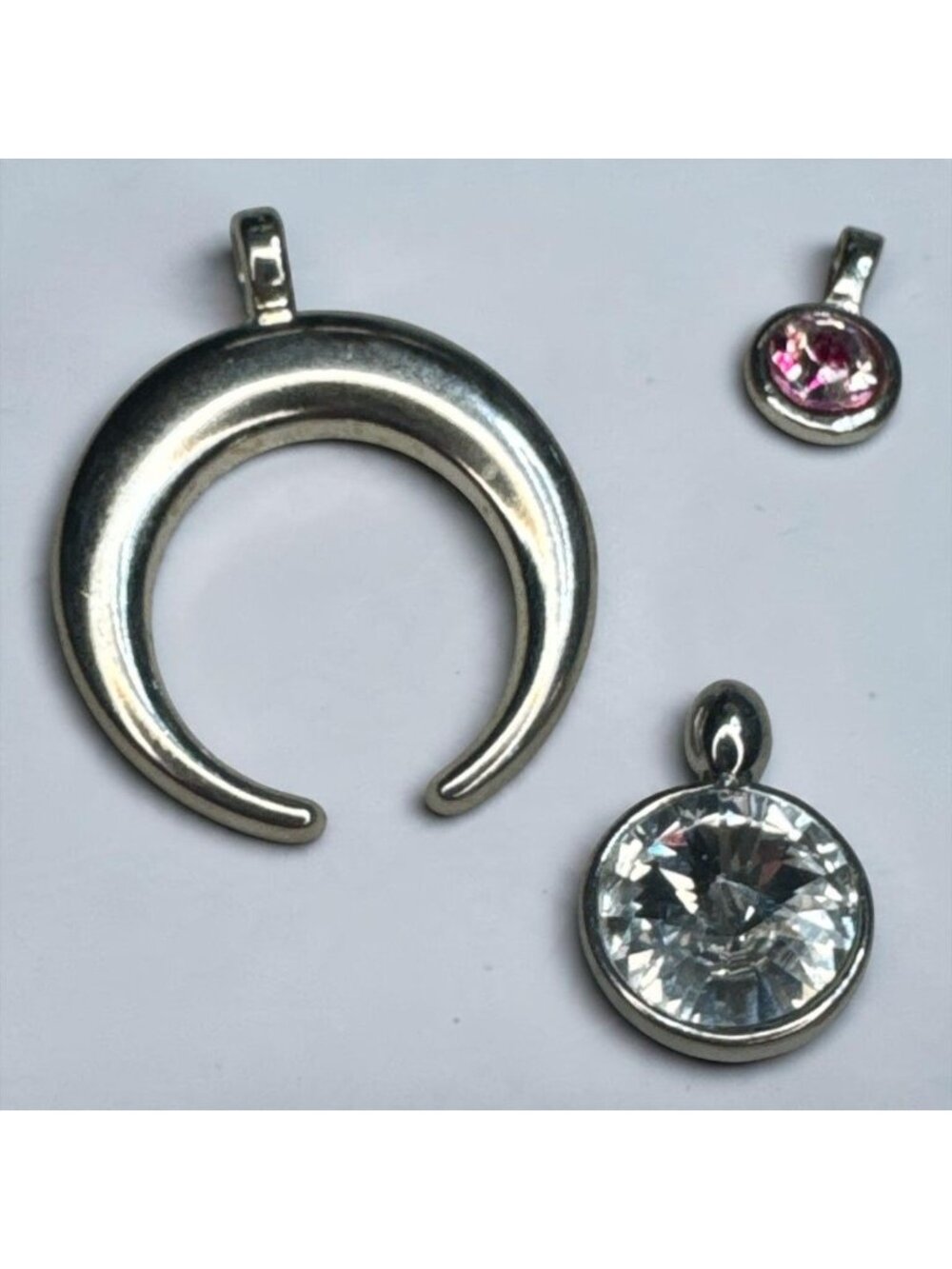 Set of 3 Silver Tone Pendants Crescent Horn Crescent Moon & CZ Rhinestone Charms